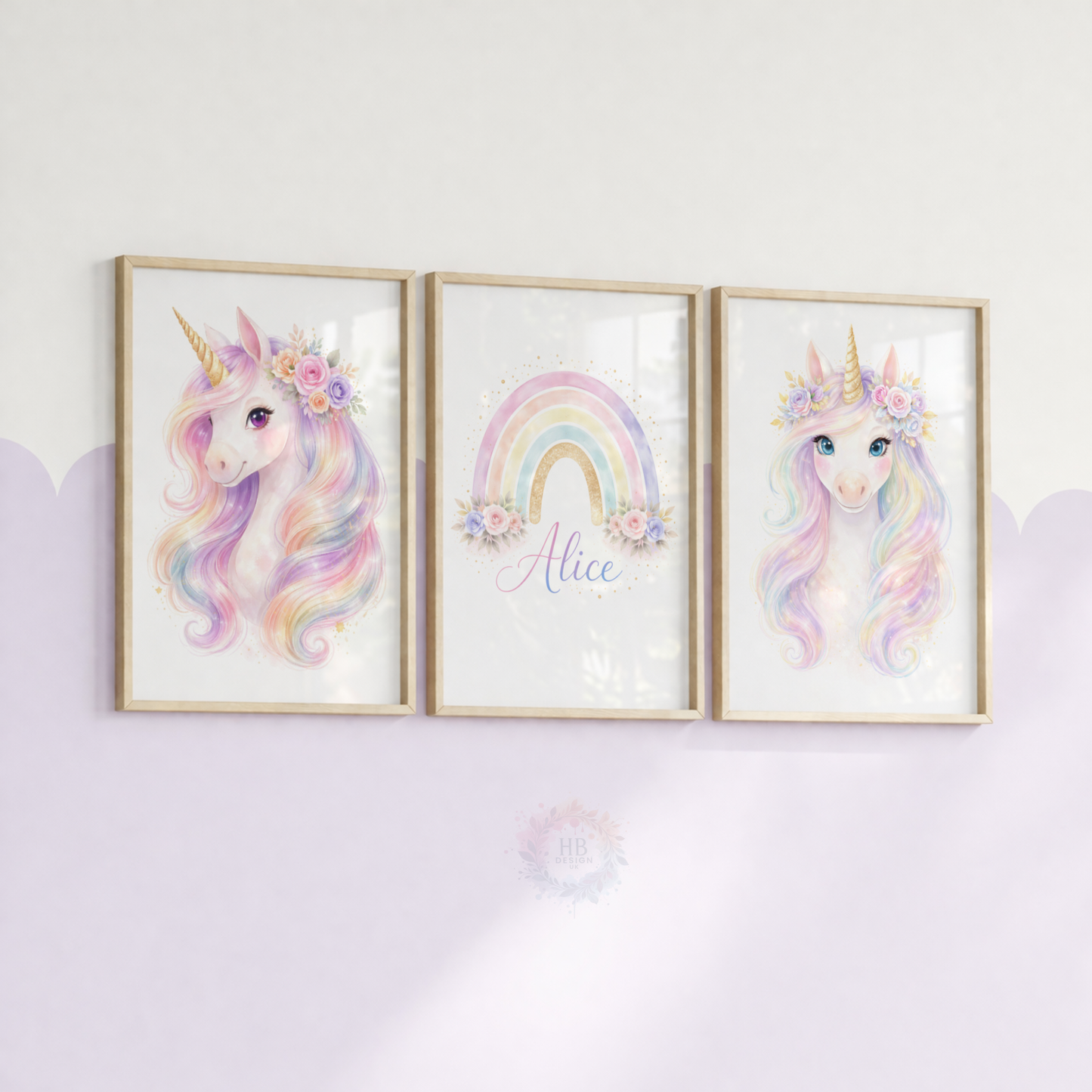 Personalised Unicorn Rainbow Nursery Prints – Pastel Girls Wall Art Set