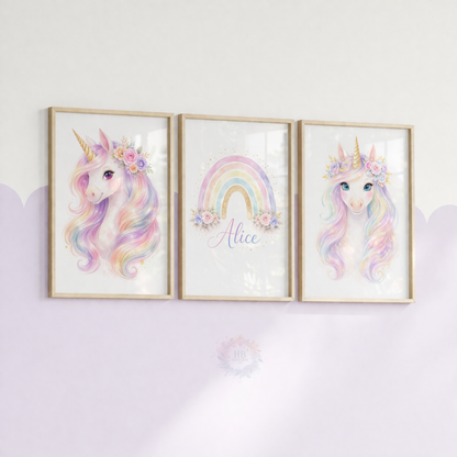 Personalised Unicorn Rainbow Nursery Prints – Pastel Girls Wall Art Set