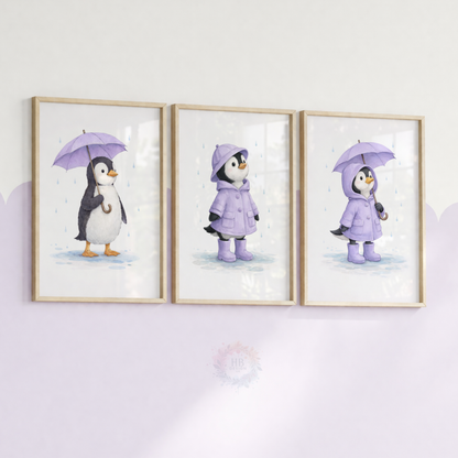 Purple Penguin Nursery Prints Set of 3 – Rainy Day Penguin Wall Art