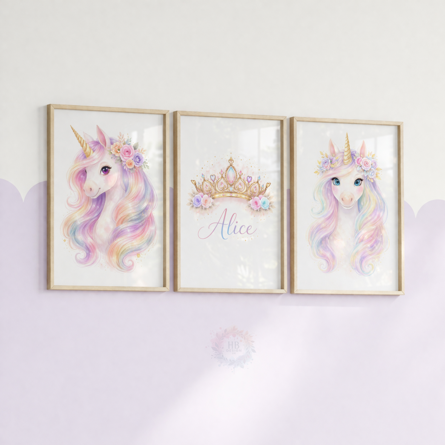 Personalised Unicorn Princess Nursery Prints – Pastel Rainbow Wall Art Set for Girls