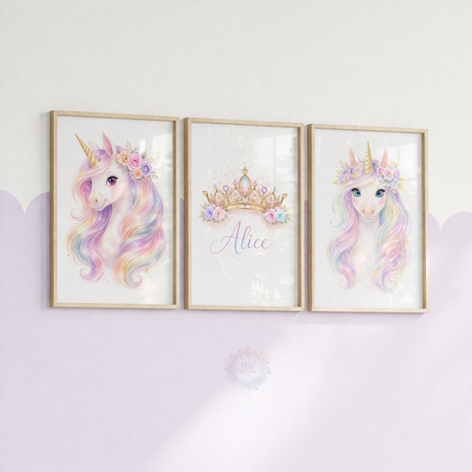 Personalised Unicorn Princess Nursery Prints – Pastel Rainbow Wall Art Set for Girls