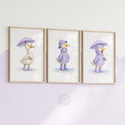 Purple Duck Nursery Prints Set of 3 – Rainy Day Duck Wall Art