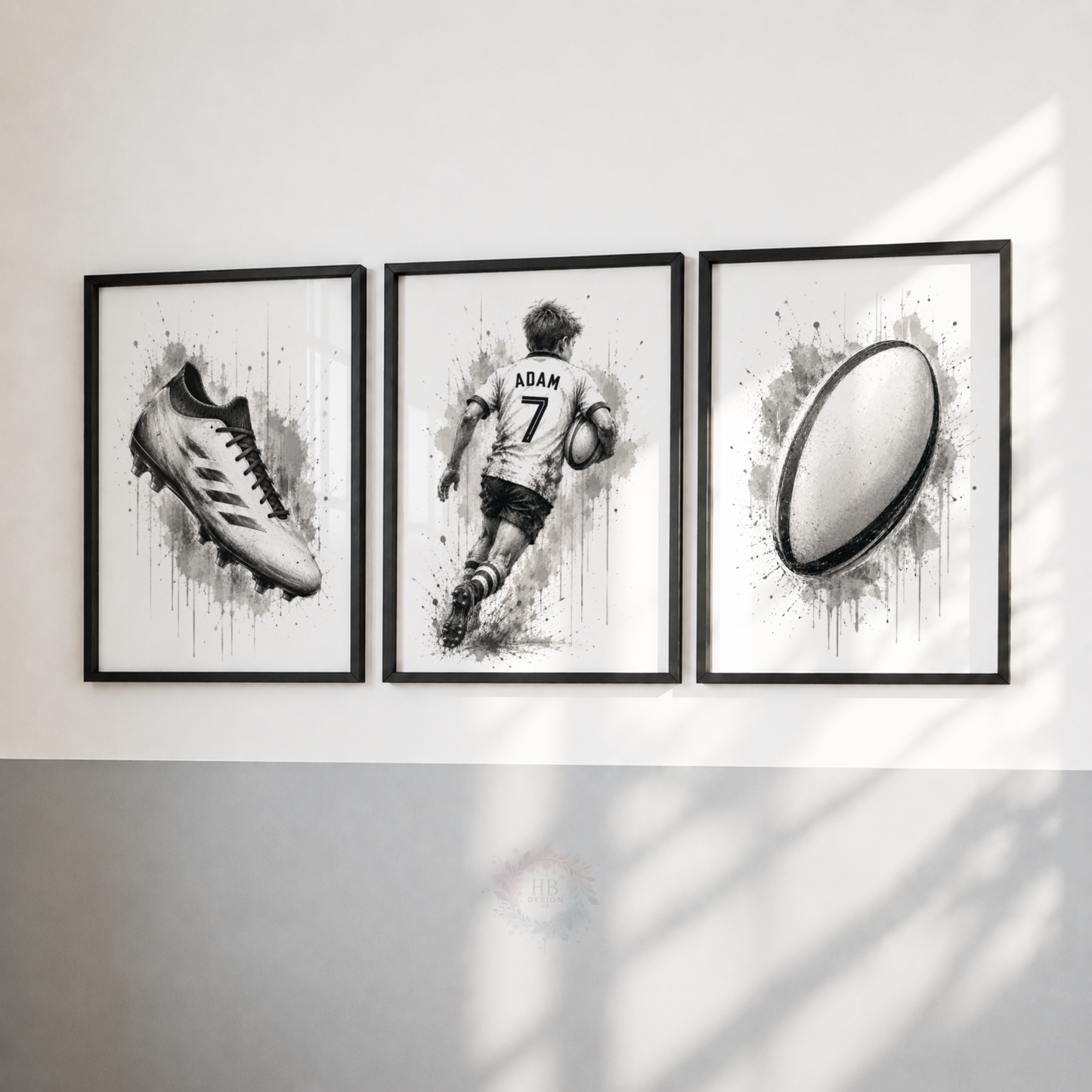Personalised Rugby Wall Art Set – Black & White Boys Bedroom Sports Prints