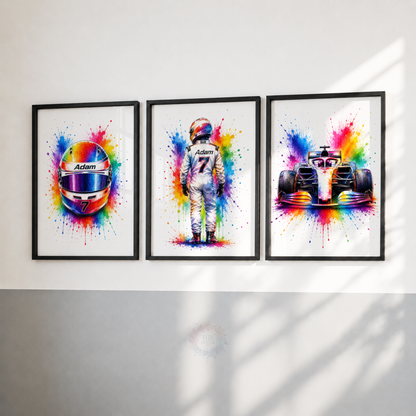 Personalised F1 Racing Wall Art Print Set – Custom Name & Number