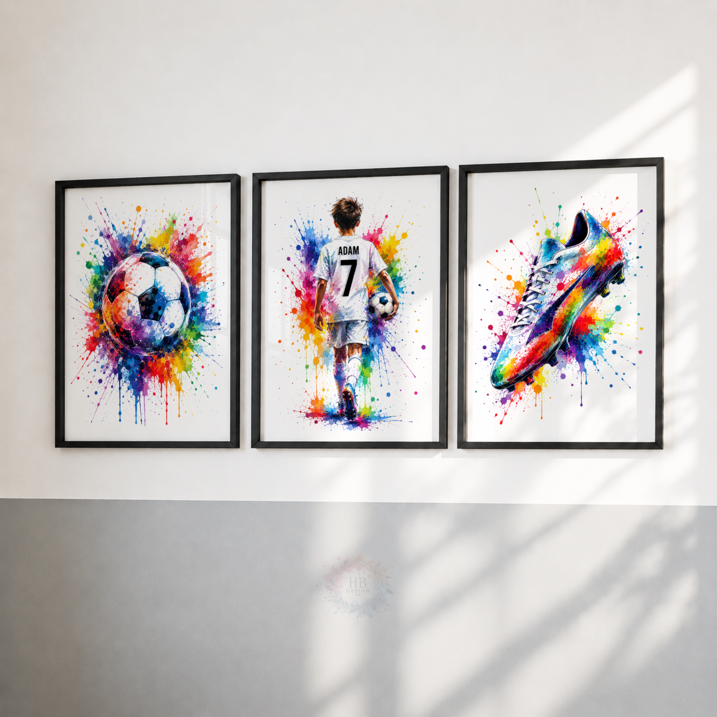 Personalised Colourful Football Wall Art Set – Name & Number Prints