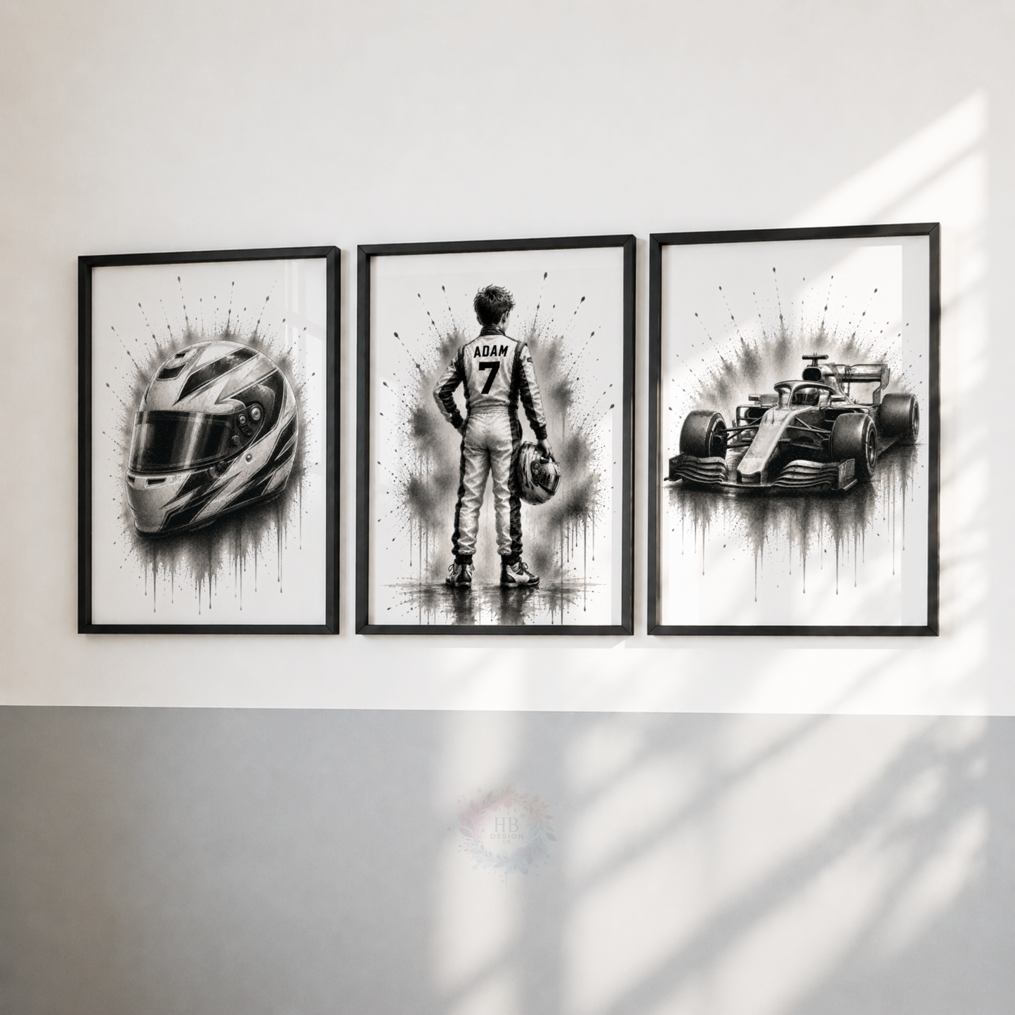 Personalised F1 Racing Wall Art Print Set – Black & White Custom Name & Number