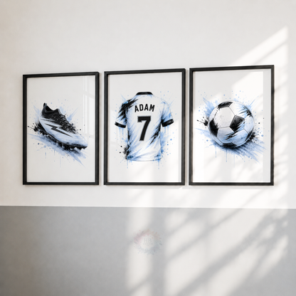 Personalised Blue Football Wall Art Set – Football Boot, Shirt & Ball Prints