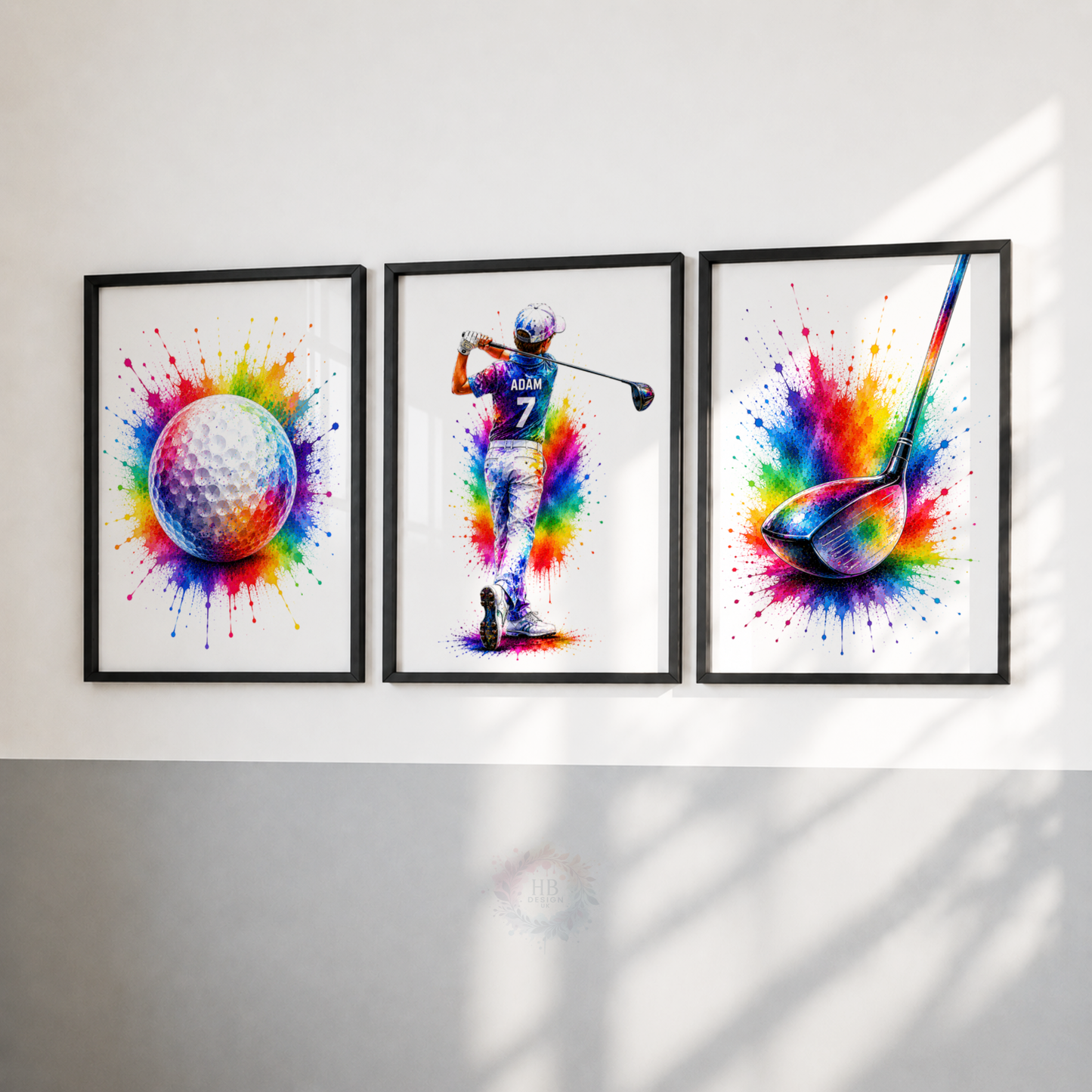 Personalised Golf Wall Art Print Set – Custom Name & Number