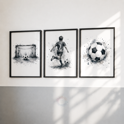 Personalised Black & White Football Wall Art Set – Football Player, Goal & Ball Prints