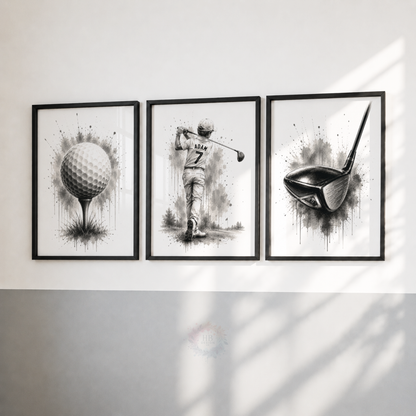Personalised Golf Wall Art Print Set – Black & White Custom Name & Number