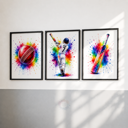 Personalised Cricket Wall Art Print Set – Custom Name & Number