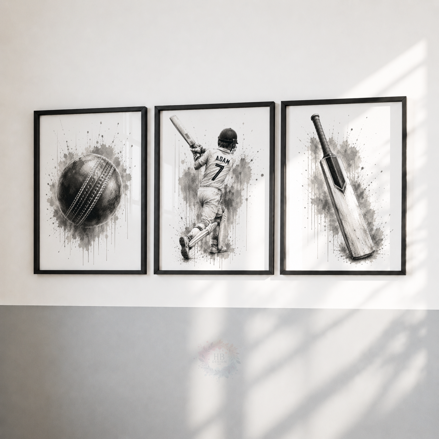 Personalised Cricket Wall Art Print Set – Black & White Custom Name & Number