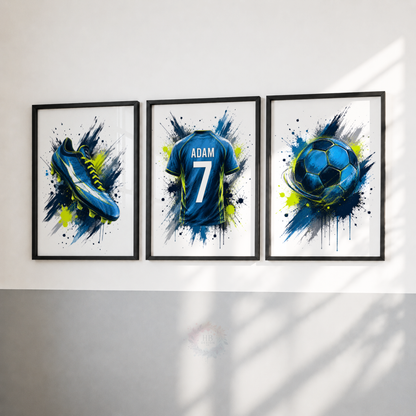 Personalised Blue Football Wall Art Set – Name & Number Football Prints