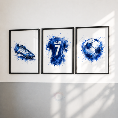 Personalised Blue Watercolour Football Wall Art Set – Name & Number Prints