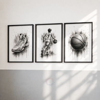Personalised Basketball Wall Art Print Set – Black & White Custom Name & Number