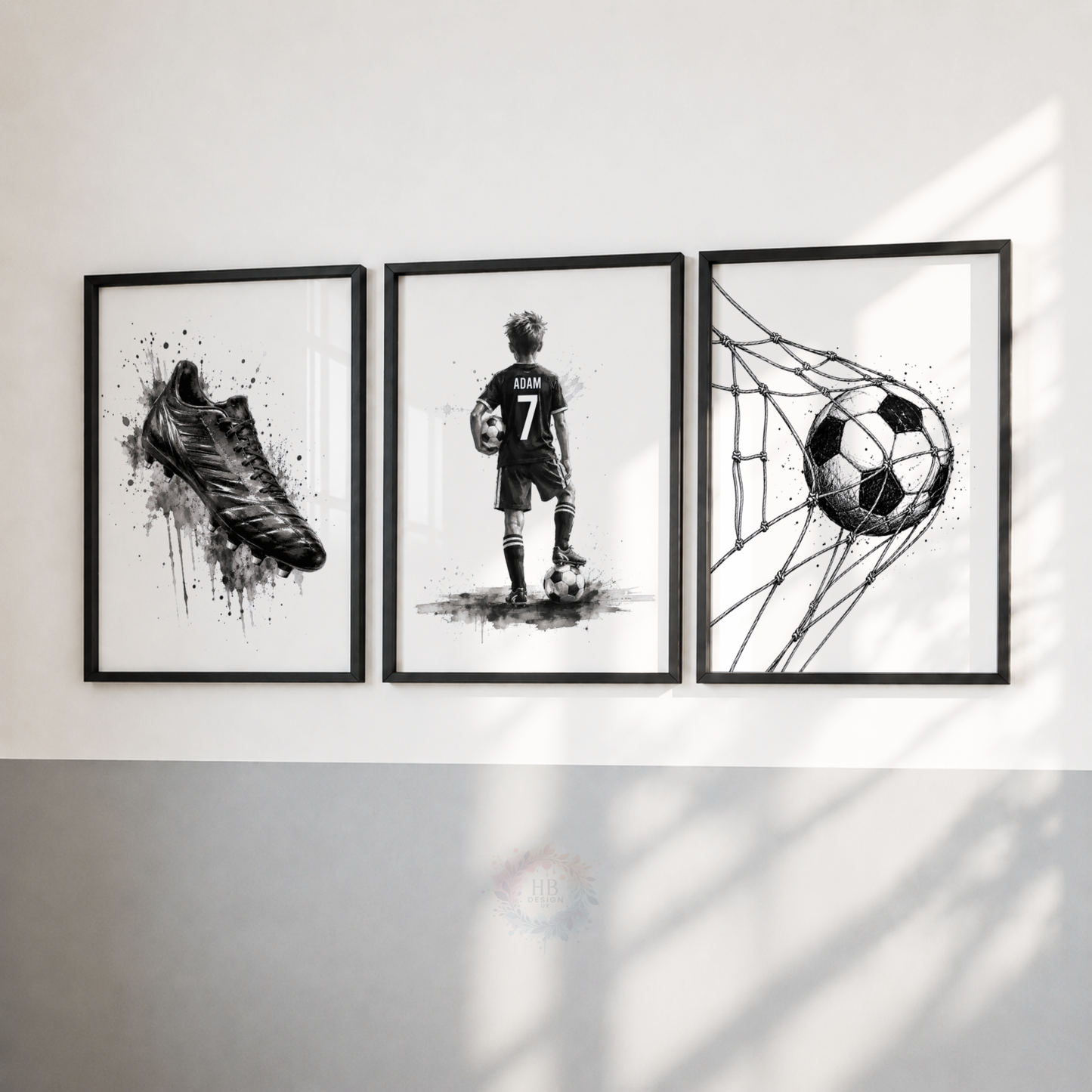 Personalised Black & White Football Wall Art Set – Name & Number Prints