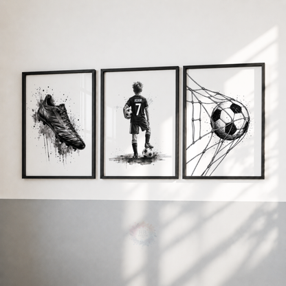 Personalised Black & White Football Wall Art Set – Name & Number Prints