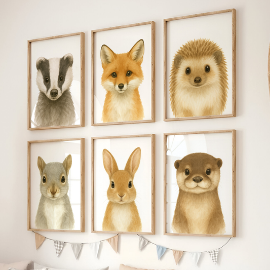Badger, Fox, Hedgehog, Squirrel, Rabbit & Otter - Woodland Nursery Print Set of 6