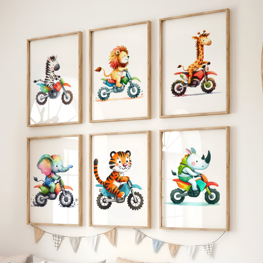 Watercolour Safari Animal Bikers - Animal Motorbike Print Set of 6