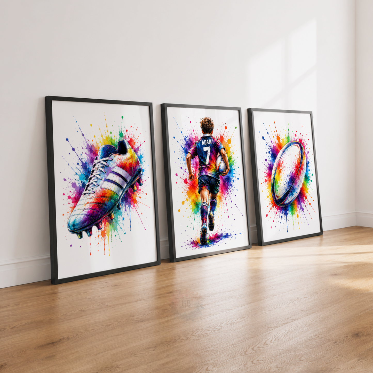 Personalised Rugby Wall Art Print Set – Colourful Custom Name & Number