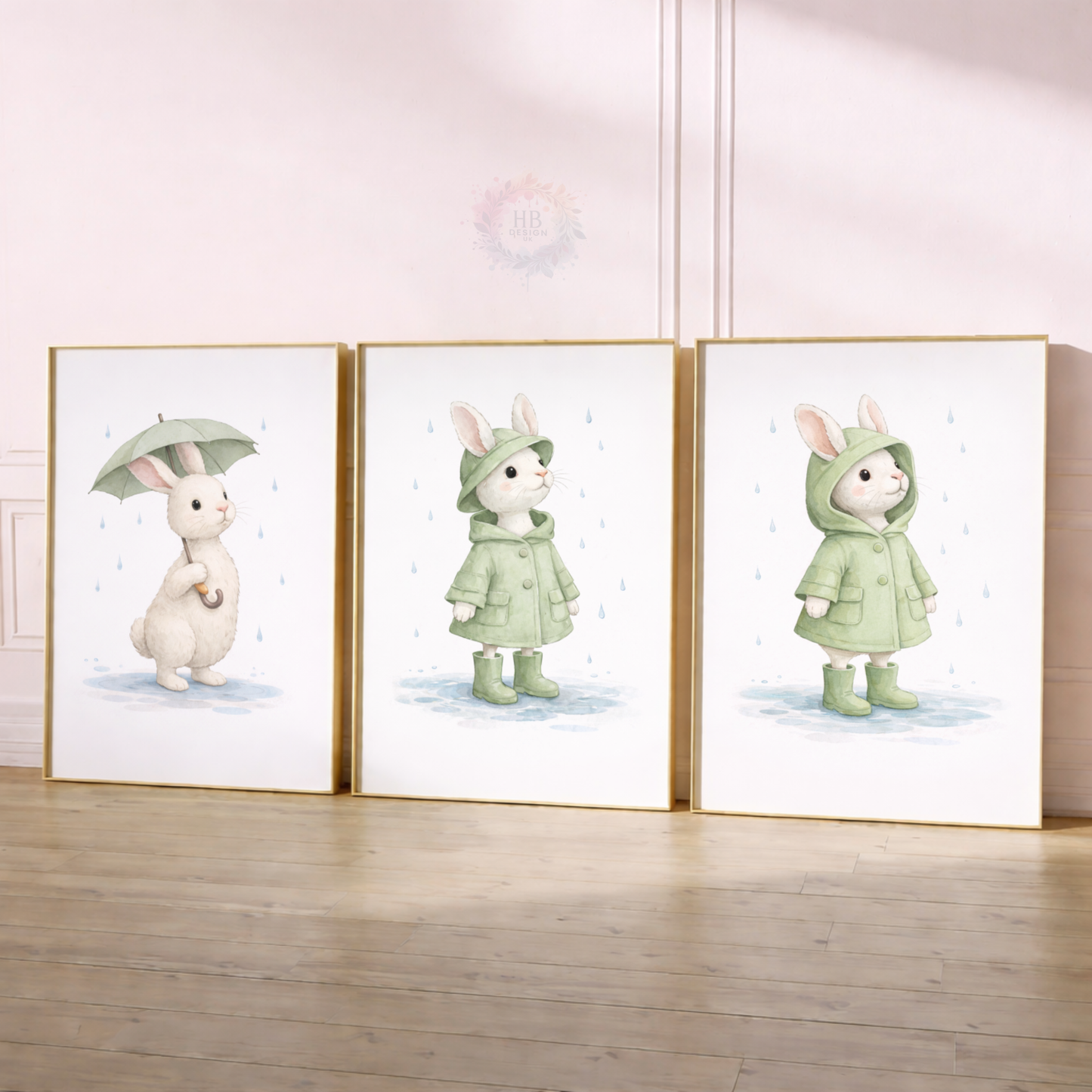 Bunny Nursery Prints Set of 3 – Rainy Day Rabbit Wall Art in Sage Green