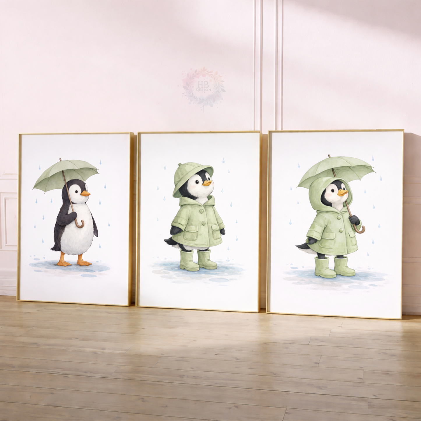 Penguin Nursery Prints Set of 3 – Cute Green Rainy Day Animal Wall Art