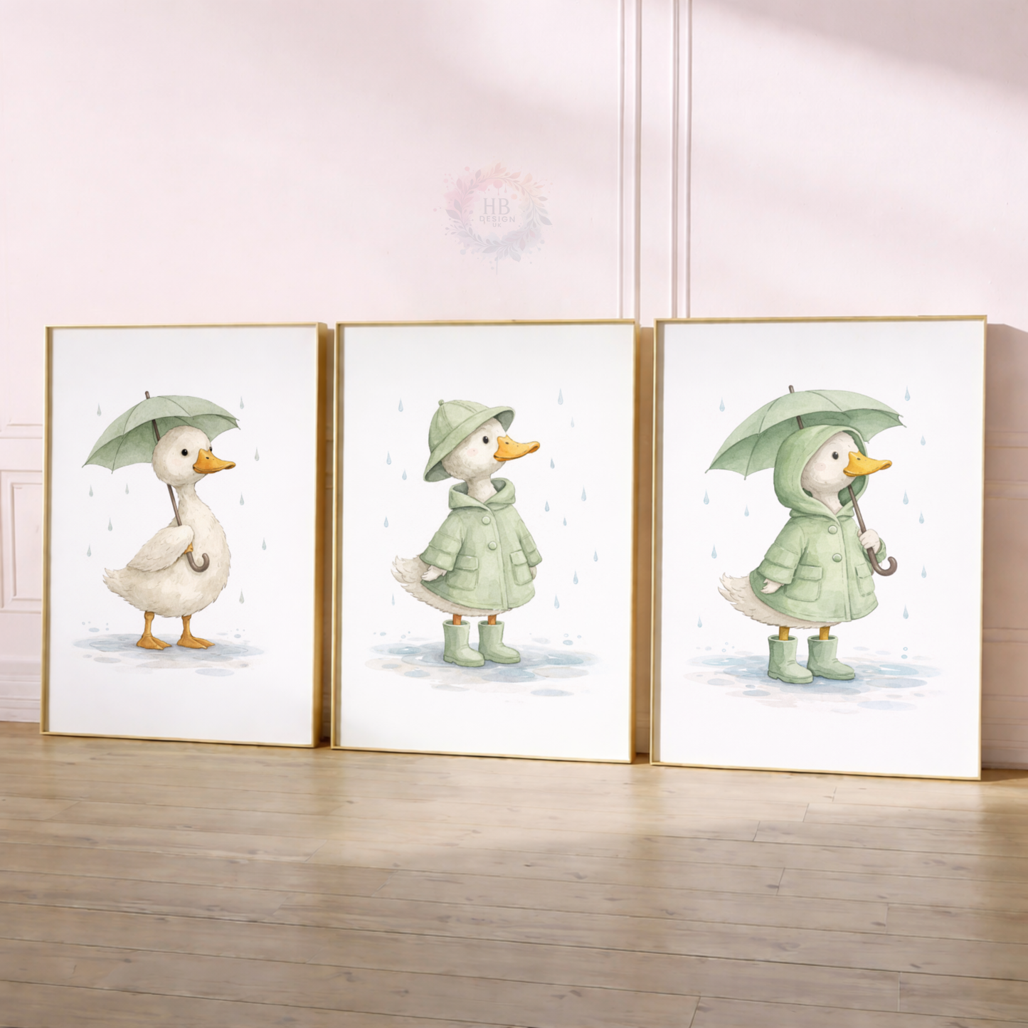 Duck Nursery Prints Set of 3 – Rainy Day Duck Wall Art in Sage Green