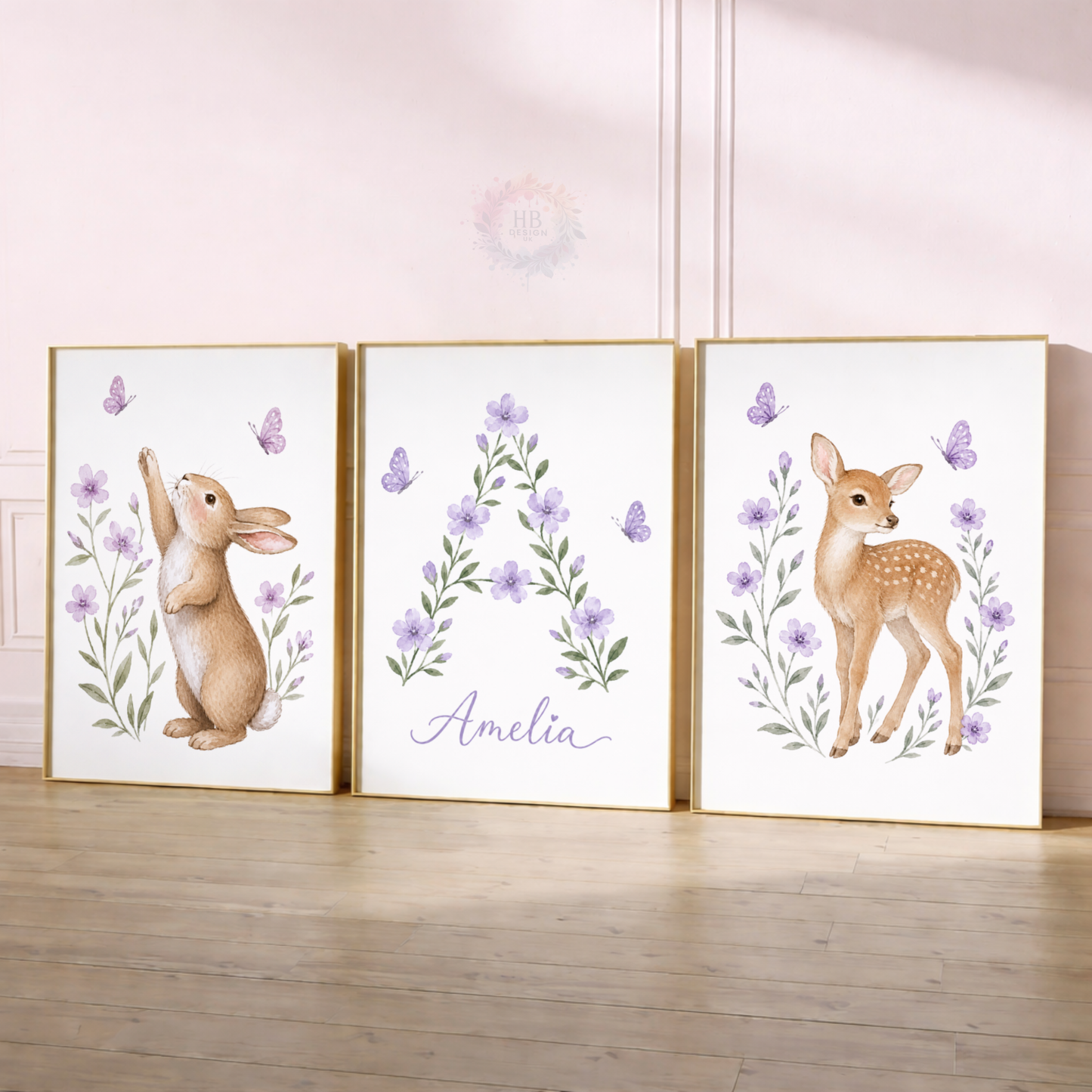 Personalised Woodland Nursery Prints – Bunny, Deer & Purple Floral Wall Art Set