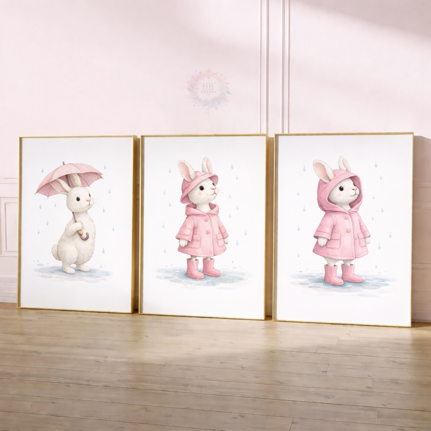 Pink Bunny Nursery Prints Set of 3 – Rainy Day Rabbit Wall Art