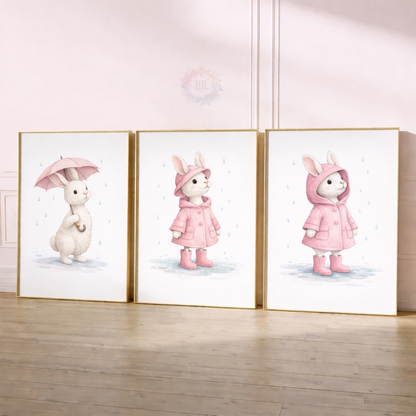 Pink Bunny Nursery Prints Set of 3 – Rainy Day Rabbit Wall Art