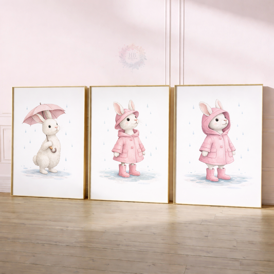 Pink Bunny Nursery Prints Set of 3 – Rainy Day Rabbit Wall Art