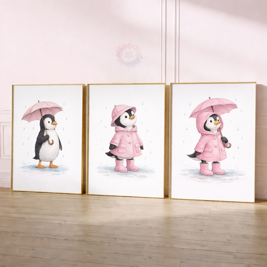 Pink Penguin Nursery Prints Set of 3 – Rainy Day Penguin Wall Art