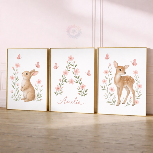 Personalised Woodland Nursery Prints – Bunny, Deer & Pink Floral Wall Art Set