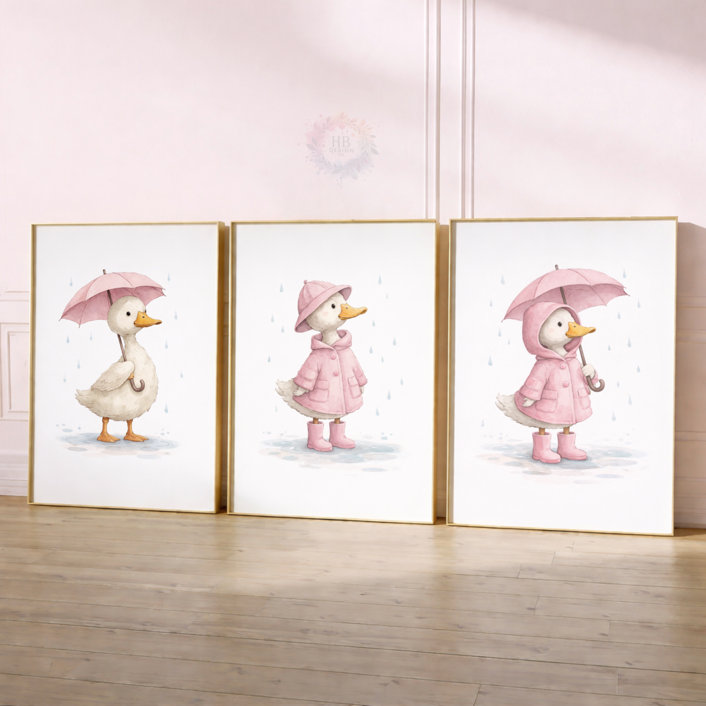 Pink Duck Nursery Prints Set of 3 – Rainy Day Duck Wall Art