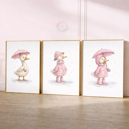 Pink Duck Nursery Prints Set of 3 – Rainy Day Duck Wall Art