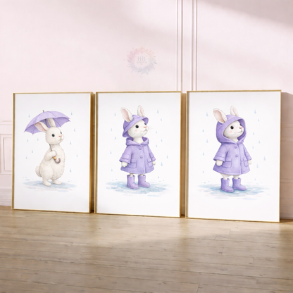 Purple Bunny Nursery Prints Set of 3 – Rainy Day Rabbit Wall Art
