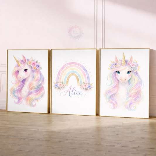 Personalised Unicorn Rainbow Nursery Prints – Pastel Girls Wall Art Set