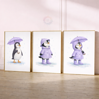Purple Penguin Nursery Prints Set of 3 – Rainy Day Penguin Wall Art