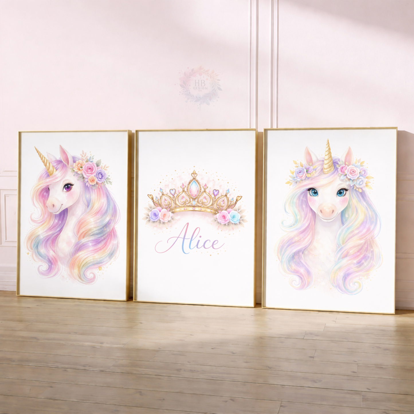 Personalised Unicorn Princess Nursery Prints – Pastel Rainbow Wall Art Set for Girls