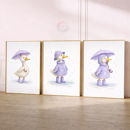 Purple Duck Nursery Prints Set of 3 – Rainy Day Duck Wall Art