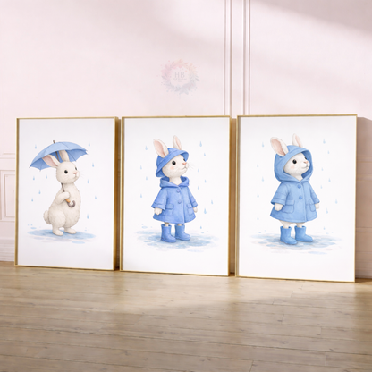Blue Bunny Nursery Prints Set of 3 – Rainy Day Rabbit Wall Art