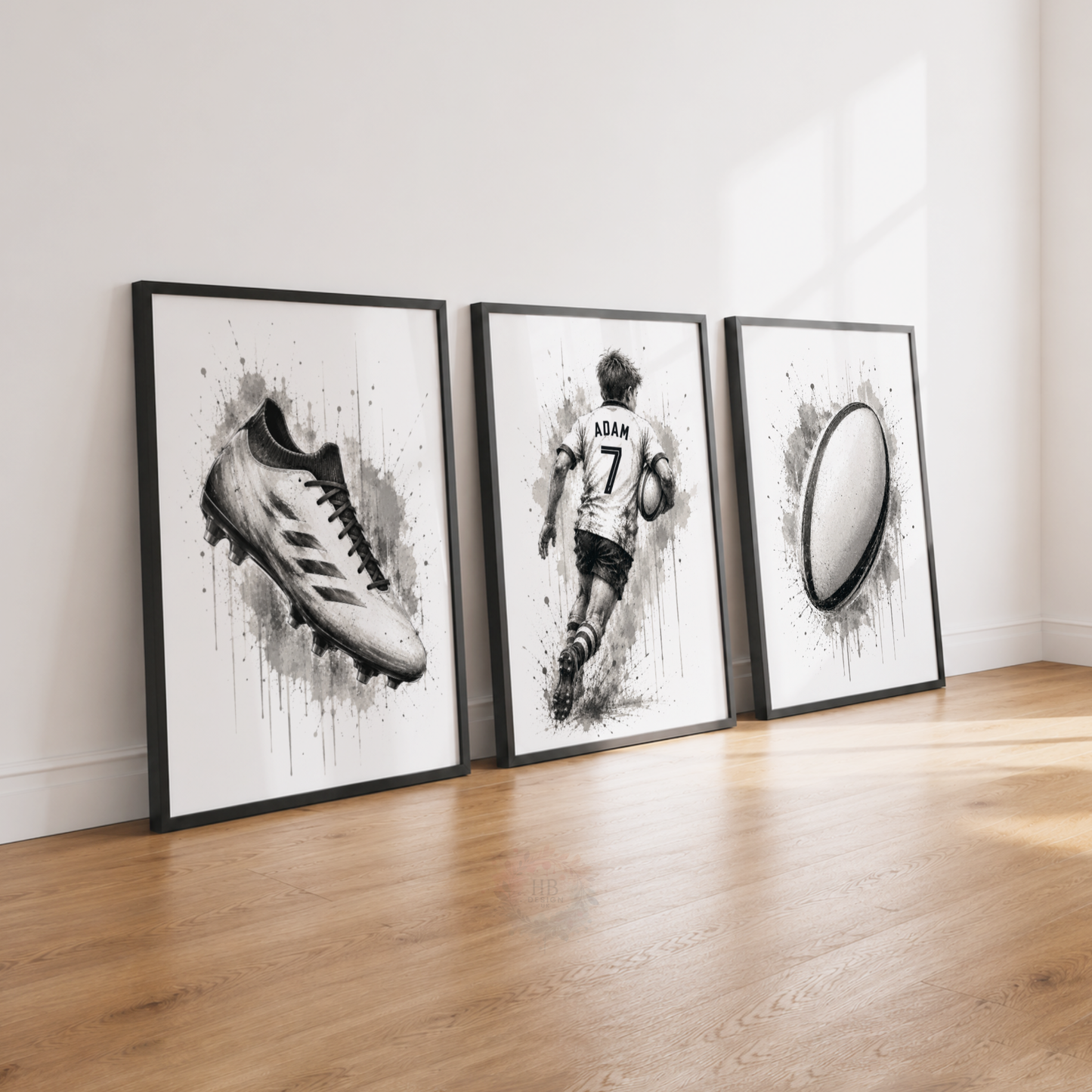 Personalised Rugby Wall Art Set – Black & White Boys Bedroom Sports Prints