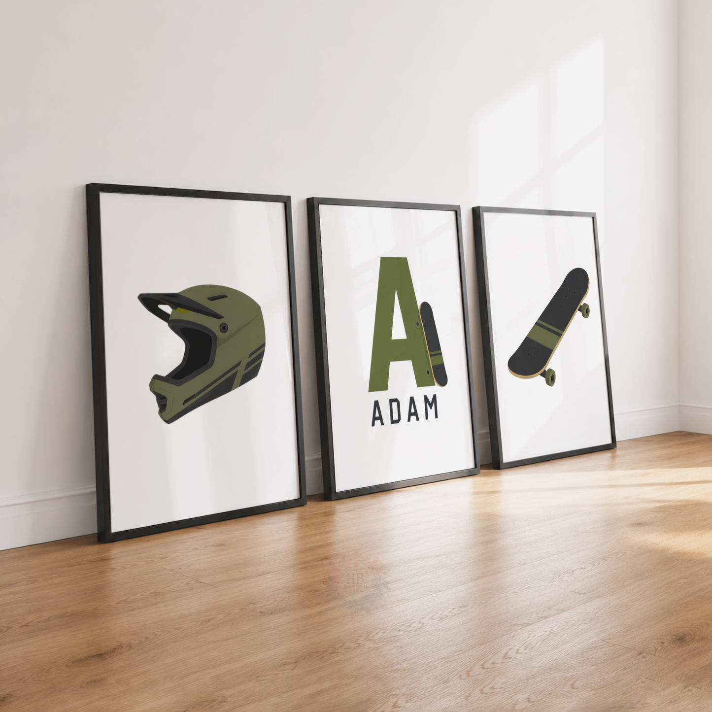Personalised Skateboard Bedroom Prints – Set of 3 Helmet, Skateboard & Name Wall Art