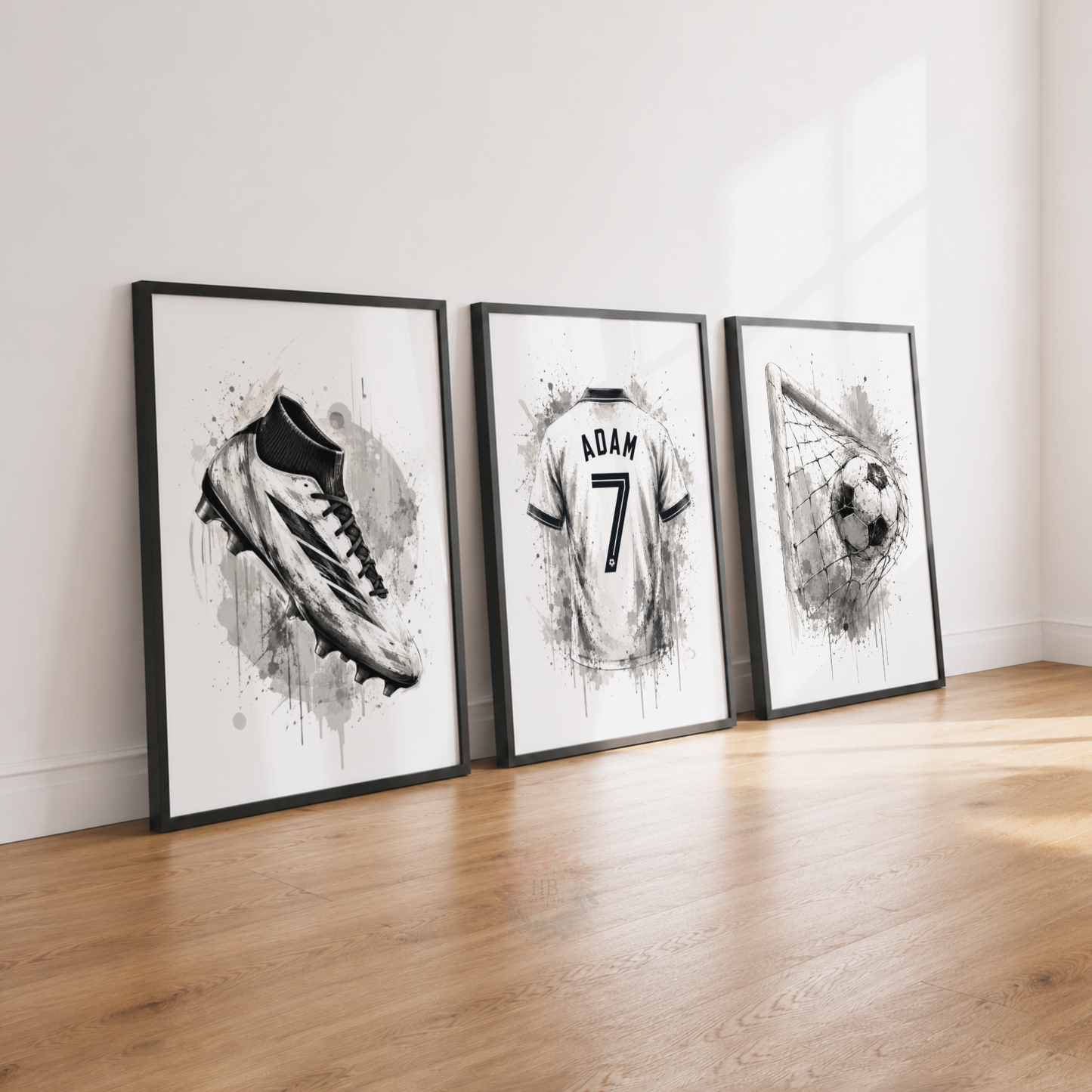 Personalised Black & White Football Wall Art Set – Name & Number Shirt Prints