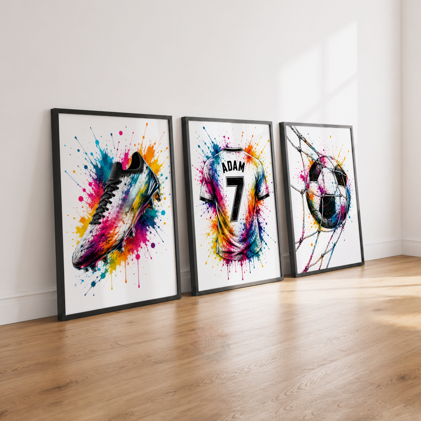 Personalised Football Wall Art Set – Colourful Football Boot, Shirt & Ball Prints