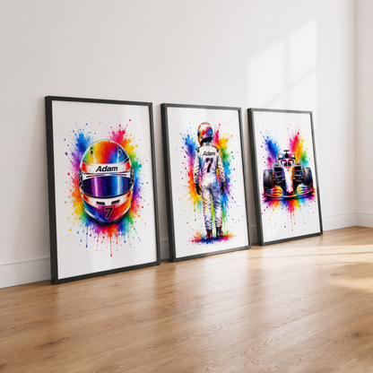 Personalised F1 Racing Wall Art Print Set – Custom Name & Number