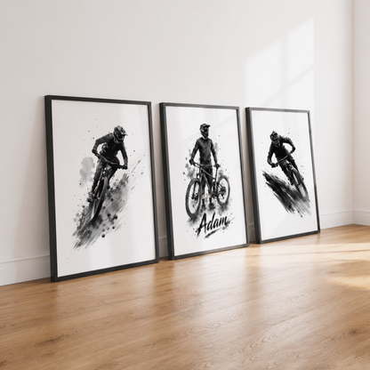 Personalised Mountain Bike Prints – Set of 3 Black & White MTB Cycling Wall Art