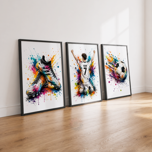 Personalised Football Player Wall Art Set – Colourful Football Bedroom Prints