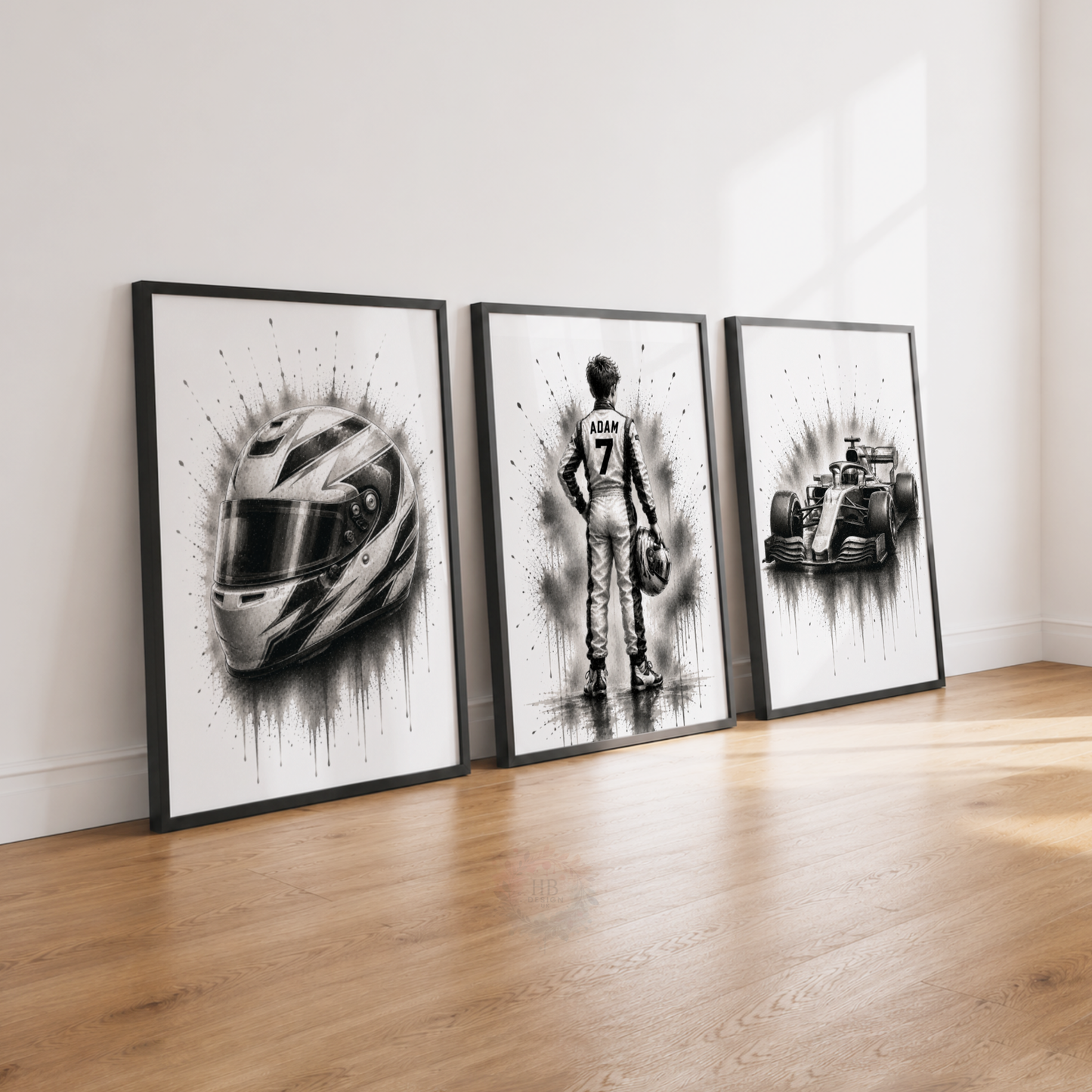 Personalised F1 Racing Wall Art Print Set – Black & White Custom Name & Number