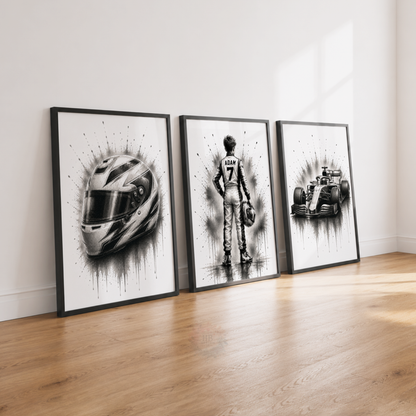 Personalised F1 Racing Wall Art Print Set – Black & White Custom Name & Number